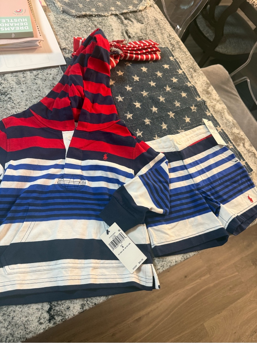 Toddler boy Polo Ralph Lauren Red, Navy & White Striped Hoodie and Shorts Set